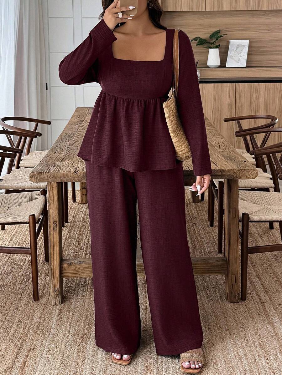 Weeklong Plus Size Vacation Casual Solid Color Shirt And Pants 2 Pieces Set Fall Cloth For Women