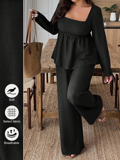 Weeklong Plus Size Vacation Casual Solid Color Shirt And Pants 2 Pieces Set Fall Cloth For Women
