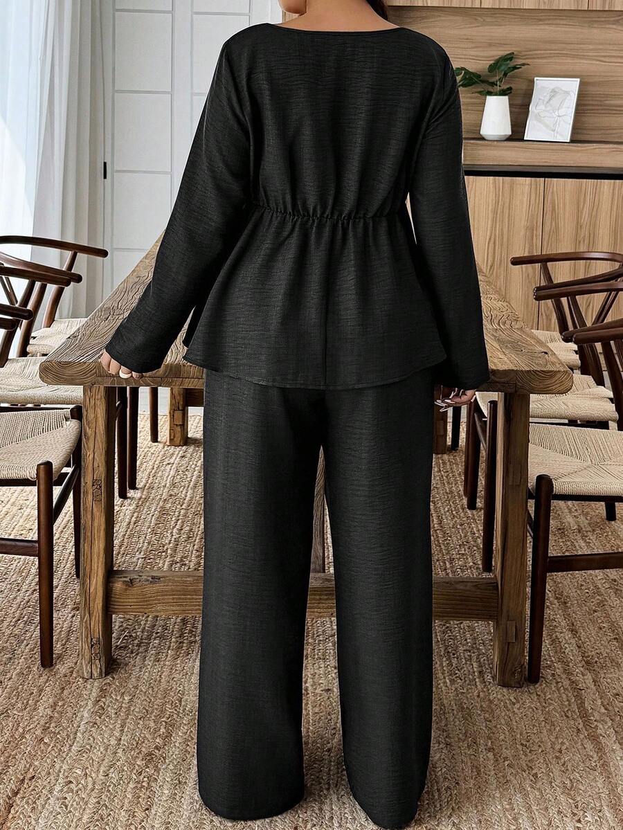 Weeklong Plus Size Vacation Casual Solid Color Shirt And Pants 2 Pieces Set Fall Cloth For Women
