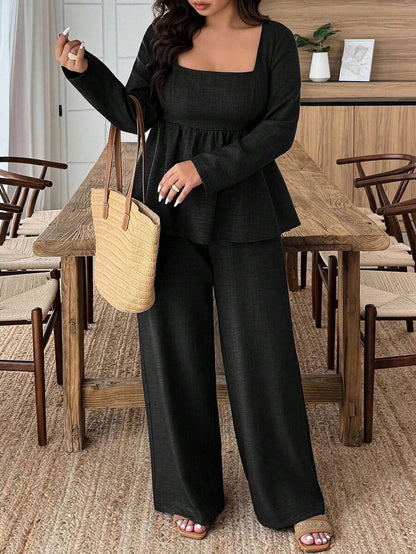 Weeklong Plus Size Vacation Casual Solid Color Shirt And Pants 2 Pieces Set Fall Cloth For Women