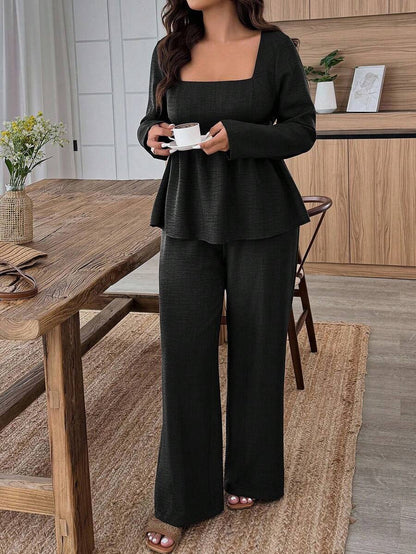 Weeklong Plus Size Vacation Casual Solid Color Shirt And Pants 2 Pieces Set Fall Cloth For Women