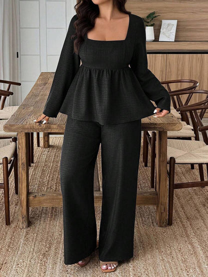 Weeklong Plus Size Vacation Casual Solid Color Shirt And Pants 2 Pieces Set Fall Cloth For Women