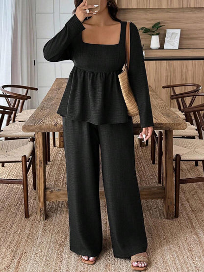 Weeklong Plus Size Vacation Casual Solid Color Shirt And Pants 2 Pieces Set Fall Cloth For Women