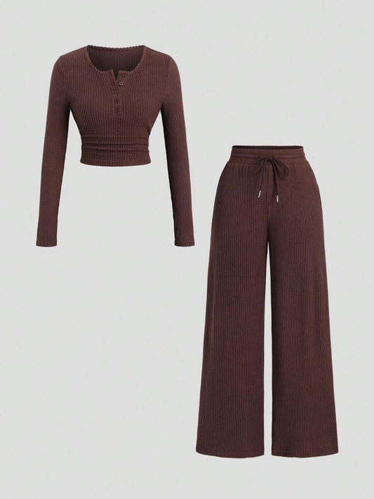 Sweetra Women's Coffee Brown 2-Piece Set,Fall Winter Casual Loungewear Plush Ribbed Fabric Ruched Design Adjustable Waistband Textured Solid Color Outfits