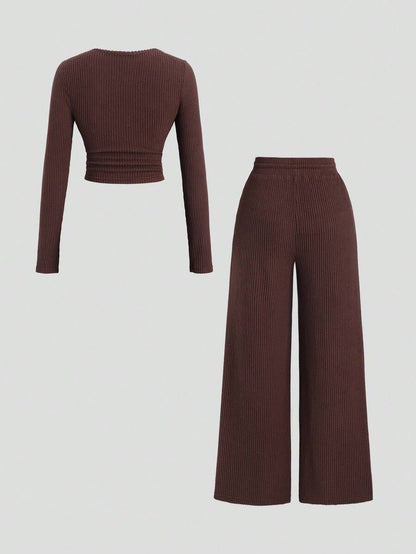 Sweetra Women's Coffee Brown 2-Piece Set,Fall Winter Casual Loungewear Plush Ribbed Fabric Ruched Design Adjustable Waistband Textured Solid Color Outfits