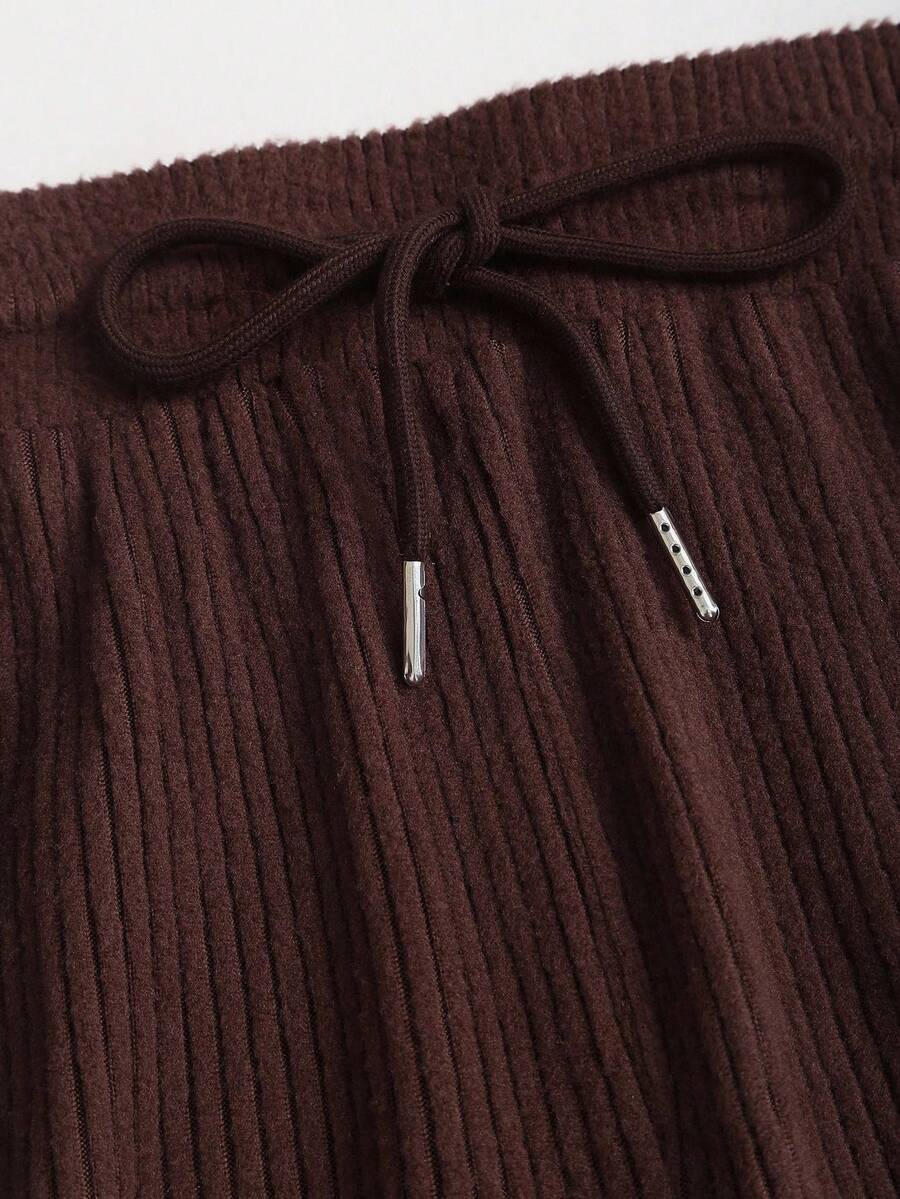 Sweetra Women's Coffee Brown 2-Piece Set,Fall Winter Casual Loungewear Plush Ribbed Fabric Ruched Design Adjustable Waistband Textured Solid Color Outfits