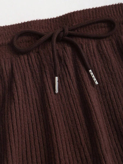 Sweetra Women's Coffee Brown 2-Piece Set,Fall Winter Casual Loungewear Plush Ribbed Fabric Ruched Design Adjustable Waistband Textured Solid Color Outfits