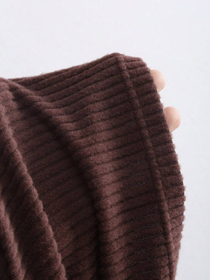 Sweetra Women's Coffee Brown 2-Piece Set,Fall Winter Casual Loungewear Plush Ribbed Fabric Ruched Design Adjustable Waistband Textured Solid Color Outfits