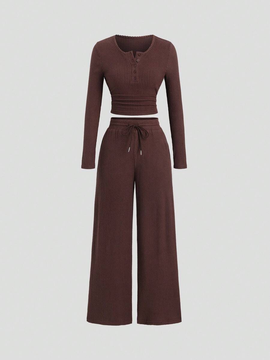 Sweetra Women's Coffee Brown 2-Piece Set,Fall Winter Casual Loungewear Plush Ribbed Fabric Ruched Design Adjustable Waistband Textured Solid Color Outfits