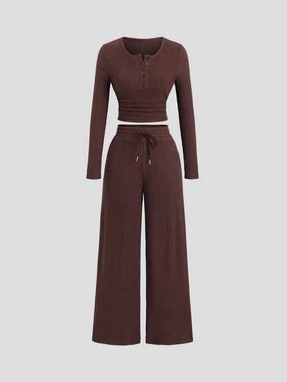 Sweetra Women's Coffee Brown 2-Piece Set,Fall Winter Casual Loungewear Plush Ribbed Fabric Ruched Design Adjustable Waistband Textured Solid Color Outfits