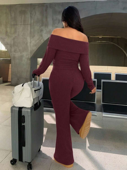 SHEIN EZwear Plus Size Woman Off Shoulder Ribbed 2 Pieces Set,Winter Long Sleeve Pants Sets,Christmas Lounge Set,Burgundy,Autumn,Smart Casual,Everyday Comfortable