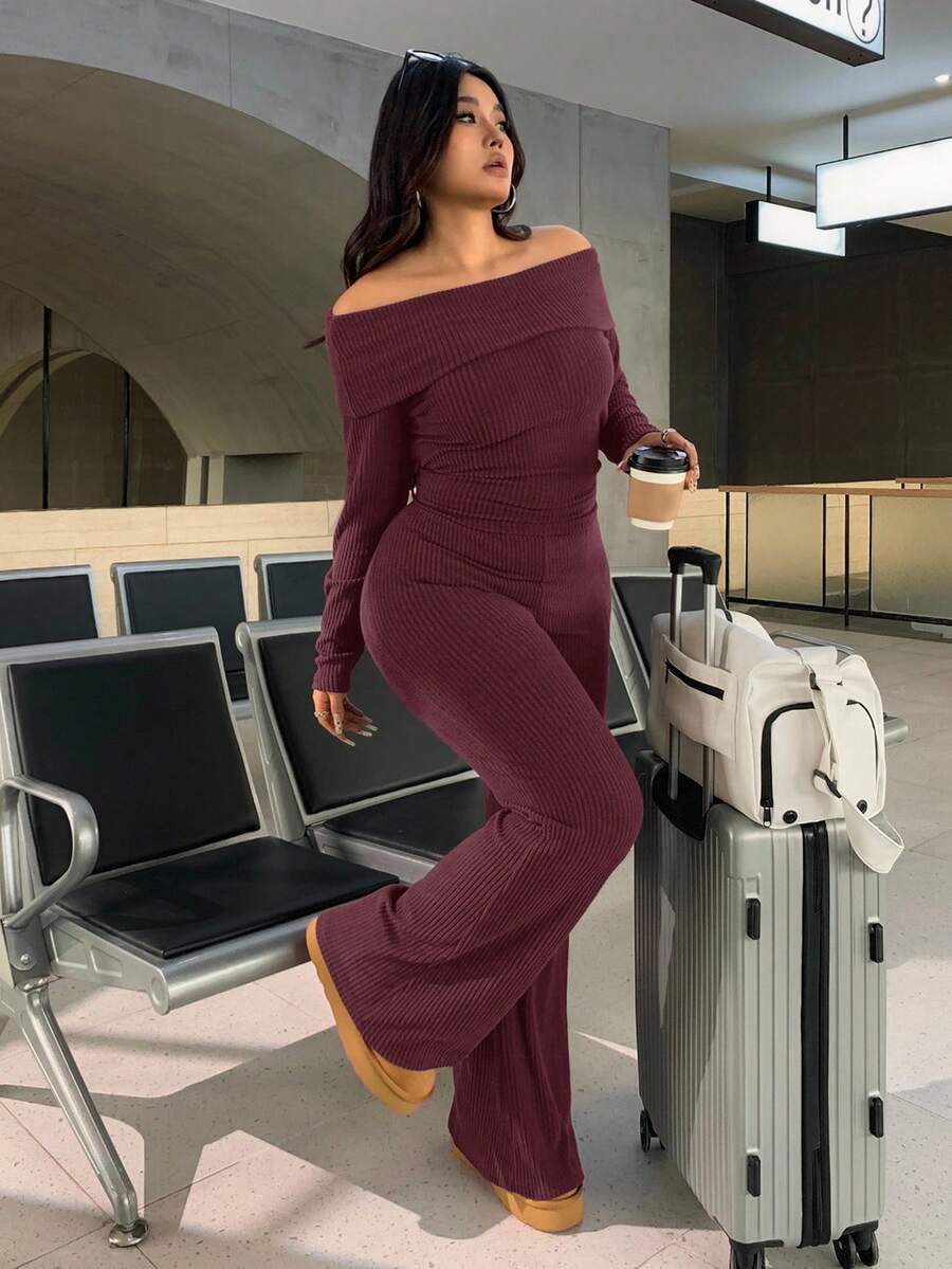 SHEIN EZwear Plus Size Woman Off Shoulder Ribbed 2 Pieces Set,Winter Long Sleeve Pants Sets,Christmas Lounge Set,Burgundy,Autumn,Smart Casual,Everyday Comfortable