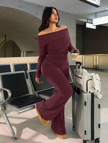 SHEIN EZwear Plus Size Woman Off Shoulder Ribbed 2 Pieces Set,Winter Long Sleeve Pants Sets,Christmas Lounge Set,Burgundy,Autumn,Smart Casual,Everyday Comfortable