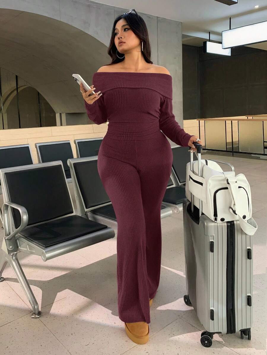 SHEIN EZwear Plus Size Woman Off Shoulder Ribbed 2 Pieces Set,Winter Long Sleeve Pants Sets,Christmas Lounge Set,Burgundy,Autumn,Smart Casual,Everyday Comfortable