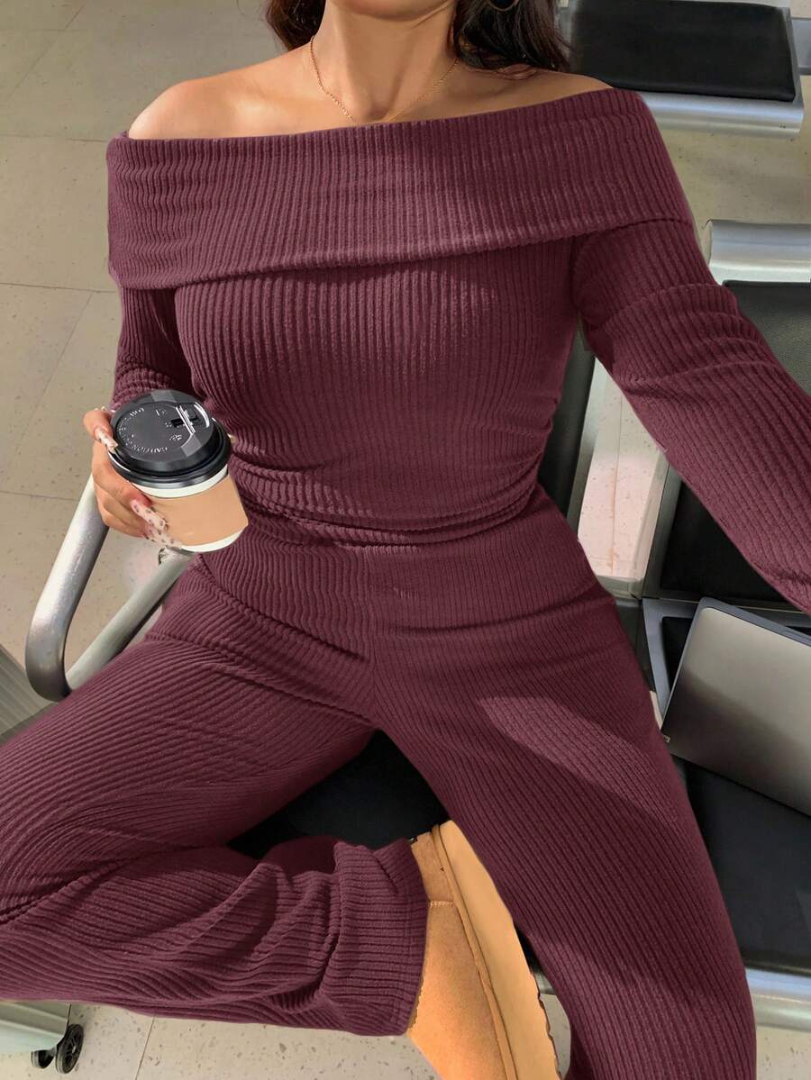 SHEIN EZwear Plus Size Woman Off Shoulder Ribbed 2 Pieces Set,Winter Long Sleeve Pants Sets,Christmas Lounge Set,Burgundy,Autumn,Smart Casual,Everyday Comfortable