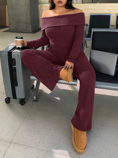 SHEIN EZwear Plus Size Woman Off Shoulder Ribbed 2 Pieces Set,Winter Long Sleeve Pants Sets,Christmas Lounge Set,Burgundy,Autumn,Smart Casual,Everyday Comfortable