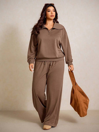 Elaquor Plus Size Women's Side Stripe Zipper Design Sweatshirt And Wide Leg Pants Casual Daily Going Out 2 Pieces Set For Women Fall/Winter Casual Work Sets