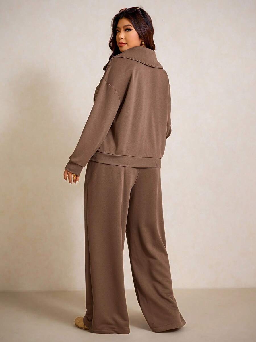Elaquor Plus Size Women's Side Stripe Zipper Design Sweatshirt And Wide Leg Pants Casual Daily Going Out 2 Pieces Set For Women Fall/Winter Casual Work Sets