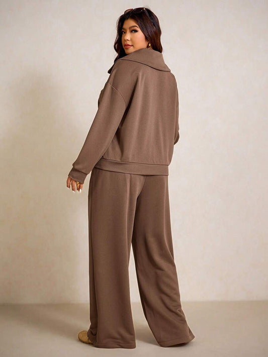 Elaquor Plus Size Women's Side Stripe Zipper Design Sweatshirt And Wide Leg Pants Casual Daily Going Out 2 Pieces Set For Women Fall/Winter Casual Work Sets