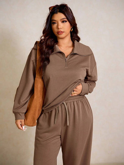 Elaquor Plus Size Women's Side Stripe Zipper Design Sweatshirt And Wide Leg Pants Casual Daily Going Out 2 Pieces Set For Women Fall/Winter Casual Work Sets