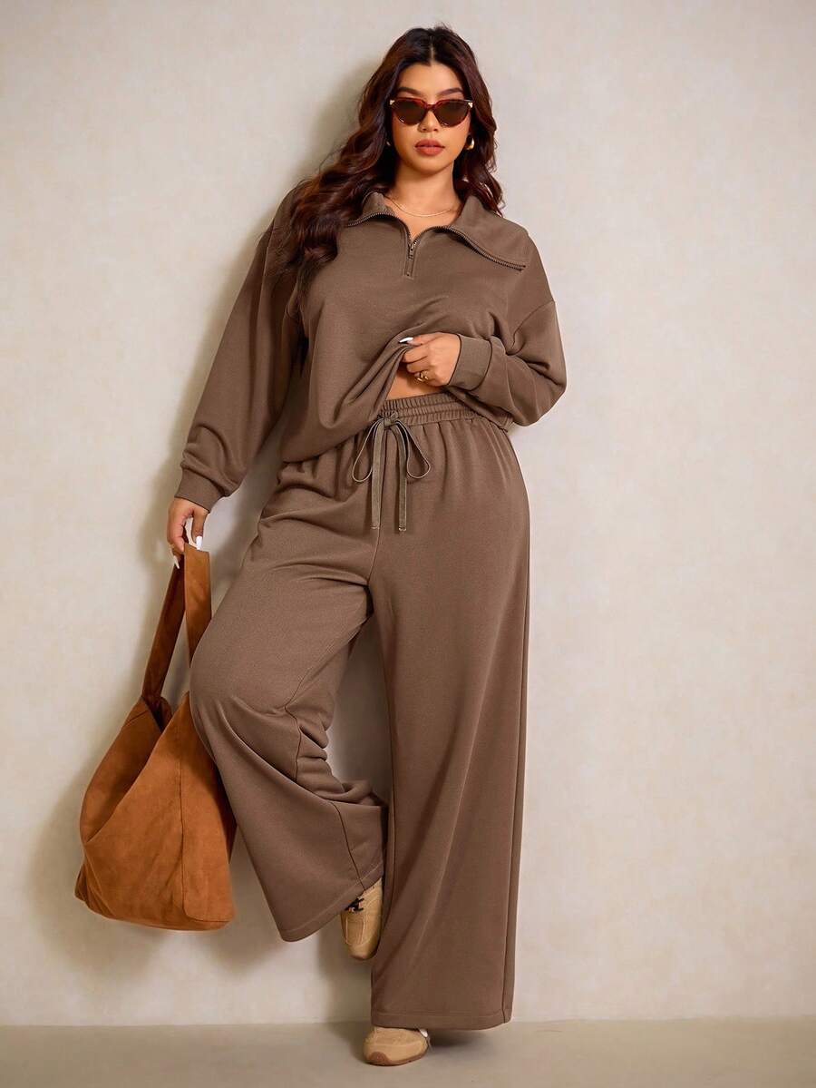 Elaquor Plus Size Women's Side Stripe Zipper Design Sweatshirt And Wide Leg Pants Casual Daily Going Out 2 Pieces Set For Women Fall/Winter Casual Work Sets