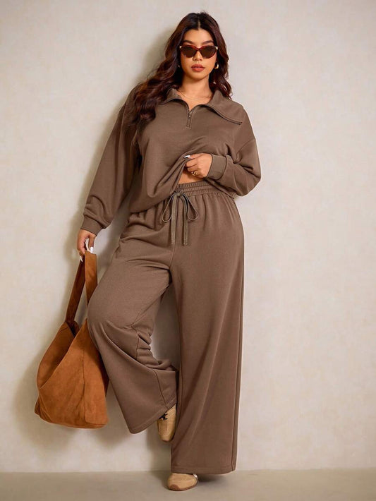 Elaquor Plus Size Women's Side Stripe Zipper Design Sweatshirt And Wide Leg Pants Casual Daily Going Out 2 Pieces Set For Women Fall/Winter Casual Work Sets