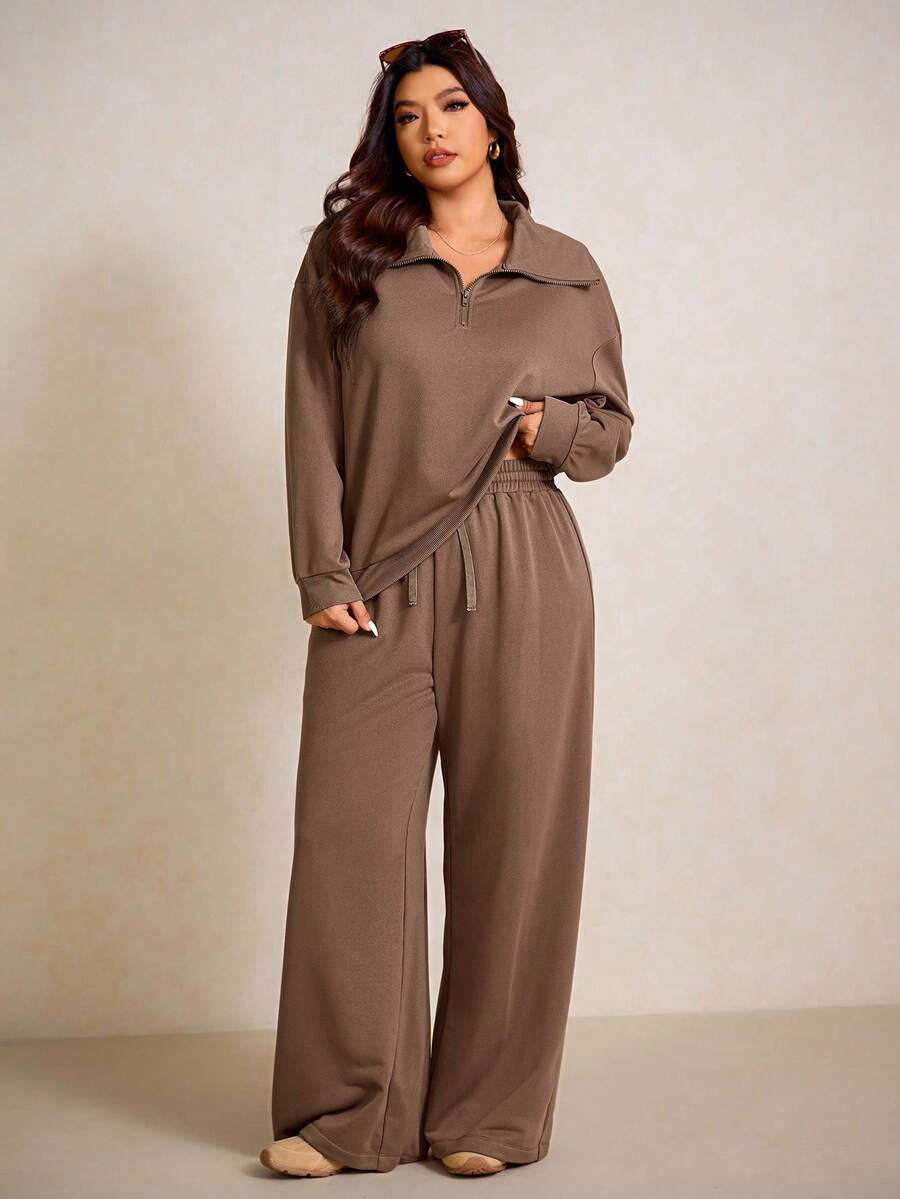 Elaquor Plus Size Women's Side Stripe Zipper Design Sweatshirt And Wide Leg Pants Casual Daily Going Out 2 Pieces Set For Women Fall/Winter Casual Work Sets