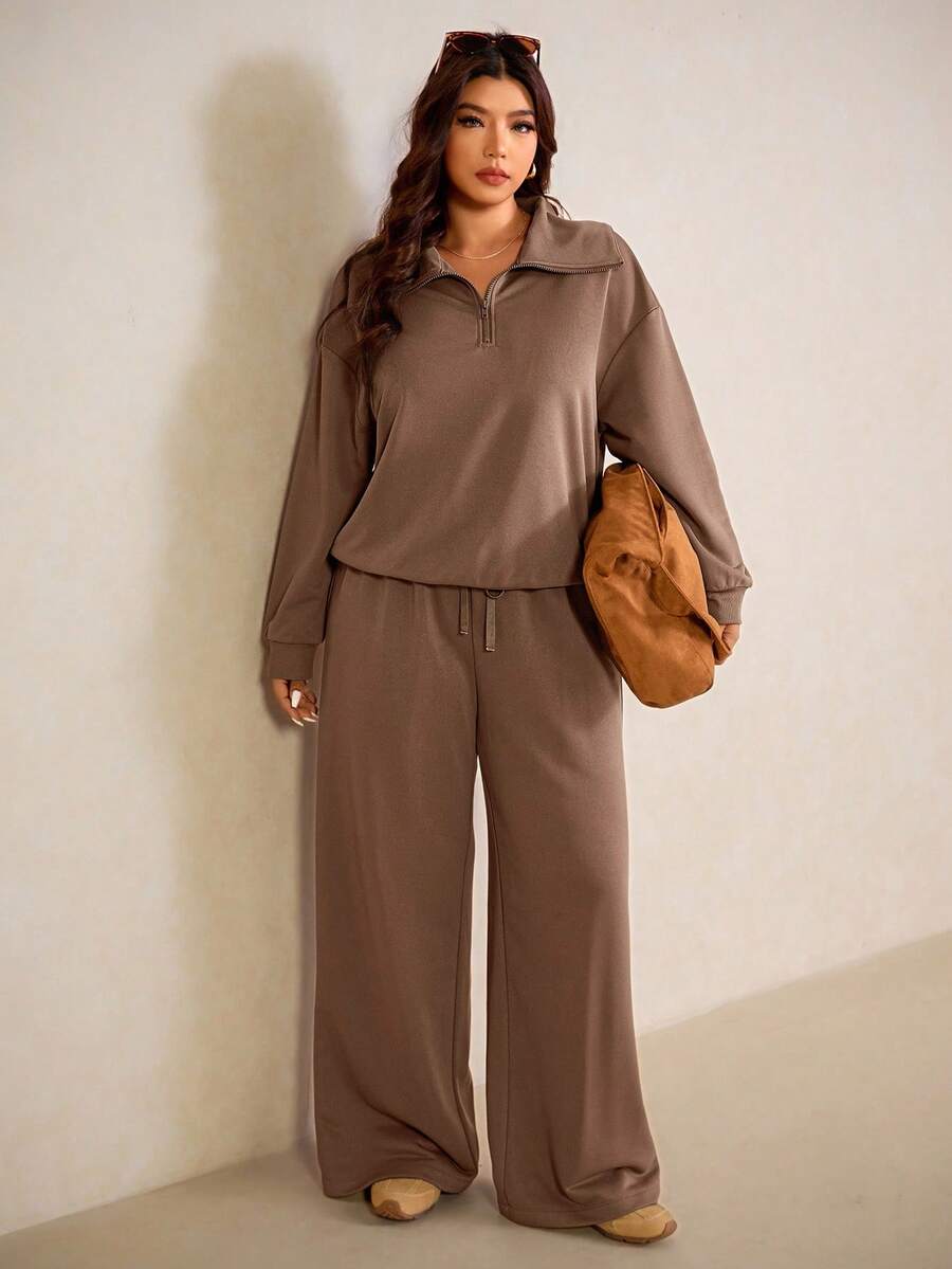 Elaquor Plus Size Women's Side Stripe Zipper Design Sweatshirt And Wide Leg Pants Casual Daily Going Out 2 Pieces Set For Women Fall/Winter Casual Work Sets