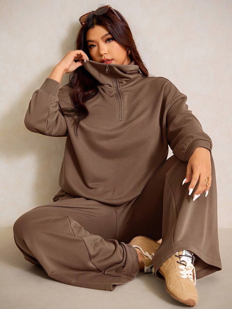 Elaquor Plus Size Women's Side Stripe Zipper Design Sweatshirt And Wide Leg Pants Casual Daily Going Out 2 Pieces Set For Women Fall/Winter Casual Work Sets