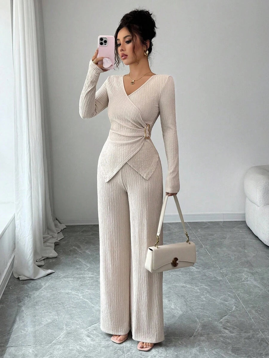 Elenzga 2pcs/Set Women's Elegant Commuter Beige Fall Winter Tea Party Solid Cross V-Neck Long Sleeve T-Shirt With Metal Buckle & Wide Leg Elastic Waist Pants
