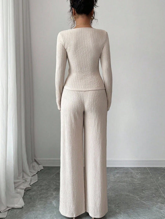 Elenzga 2pcs/Set Women's Elegant Commuter Beige Fall Winter Tea Party Solid Cross V-Neck Long Sleeve T-Shirt With Metal Buckle & Wide Leg Elastic Waist Pants