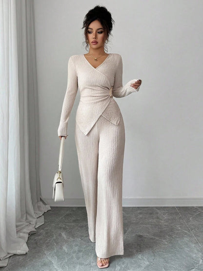 Elenzga 2pcs/Set Women's Elegant Commuter Beige Fall Winter Tea Party Solid Cross V-Neck Long Sleeve T-Shirt With Metal Buckle & Wide Leg Elastic Waist Pants
