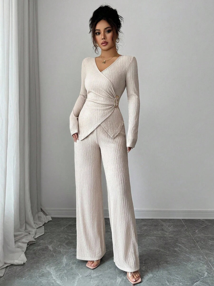 Elenzga 2pcs/Set Women's Elegant Commuter Beige Fall Winter Tea Party Solid Cross V-Neck Long Sleeve T-Shirt With Metal Buckle & Wide Leg Elastic Waist Pants