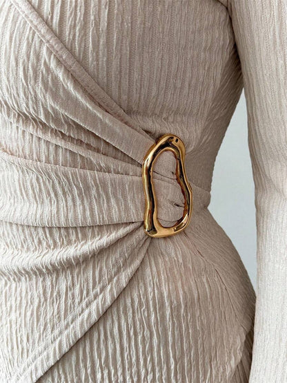 Elenzga 2pcs/Set Women's Elegant Commuter Beige Fall Winter Tea Party Solid Cross V-Neck Long Sleeve T-Shirt With Metal Buckle & Wide Leg Elastic Waist Pants