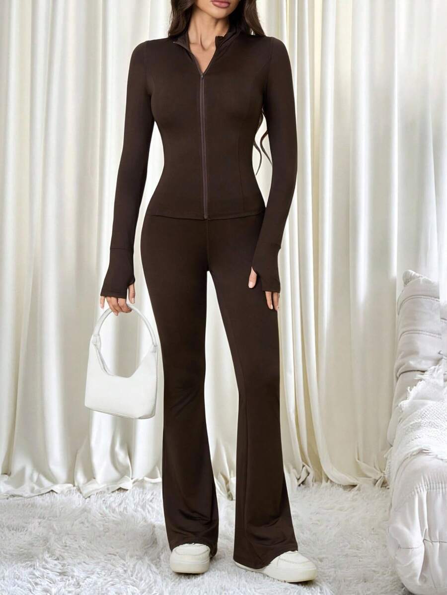 SHEIN Tall Women Shades Of Brown Long Sleeve Top And Fitted Pants 2 Pieces Set, Tall Women Gym Workout Autumn Casual