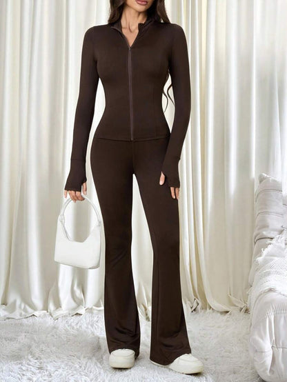 SHEIN Tall Women Shades Of Brown Long Sleeve Top And Fitted Pants 2 Pieces Set, Tall Women Gym Workout Autumn Casual