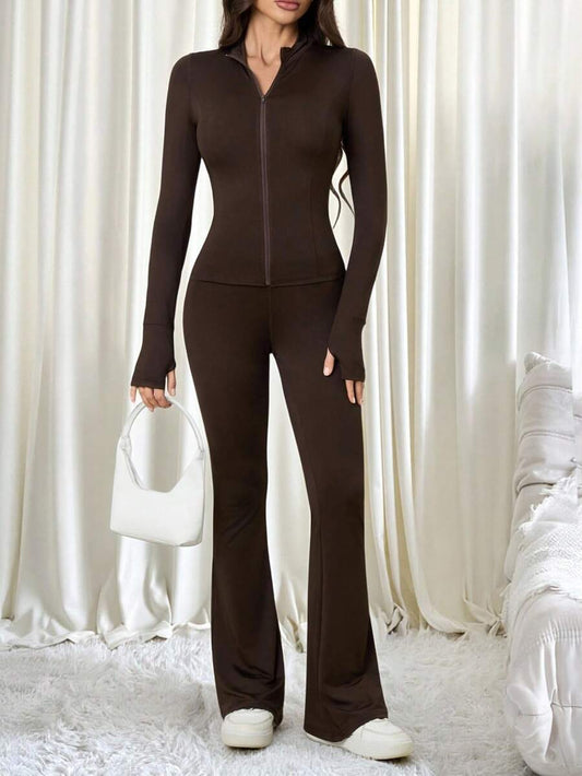 SHEIN Tall Women Shades Of Brown Long Sleeve Top And Fitted Pants 2 Pieces Set, Tall Women Gym Workout Autumn Casual