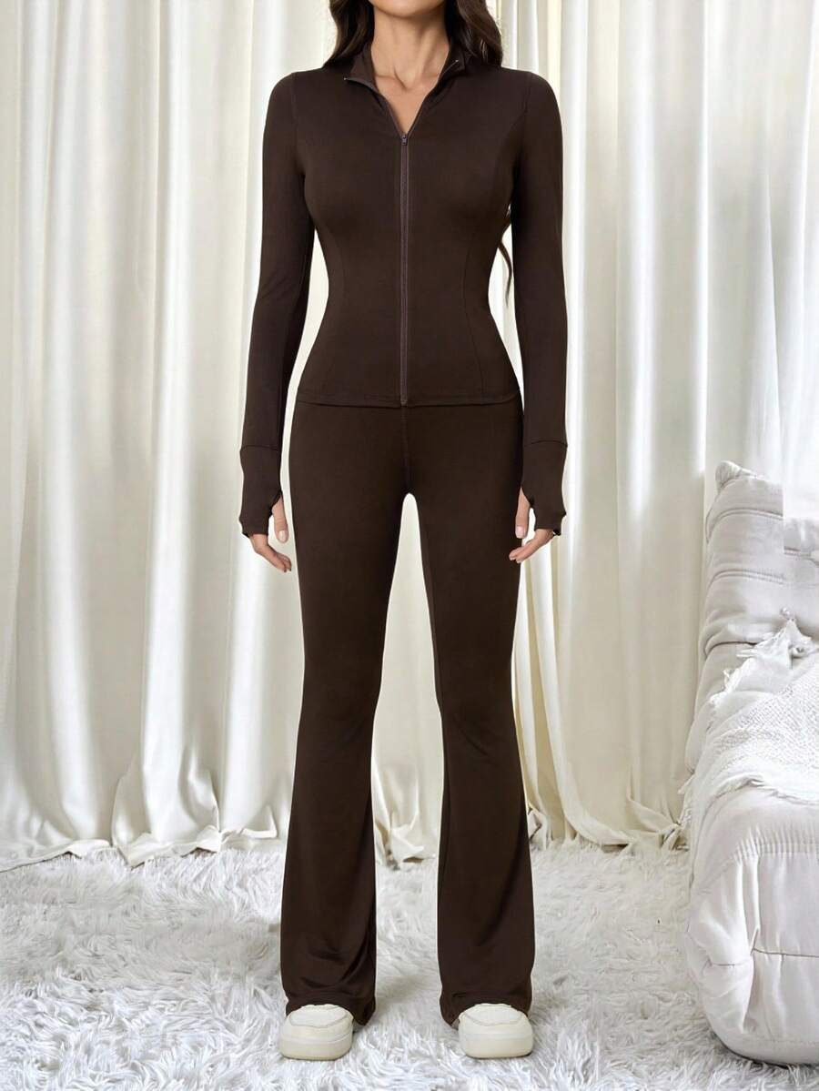 SHEIN Tall Women Shades Of Brown Long Sleeve Top And Fitted Pants 2 Pieces Set, Tall Women Gym Workout Autumn Casual