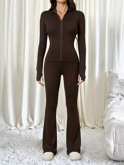 SHEIN Tall Women Shades Of Brown Long Sleeve Top And Fitted Pants 2 Pieces Set, Tall Women Gym Workout Autumn Casual