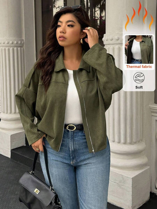 Easura Plus Size Women Solid Color Long Sleeve Zip-Up Casual Jacket, Autumn Fall