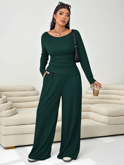 Solflare Plus Size Textured Long Sleeve Top And Loose Pants With Pockets 2 Pieces Set Fall