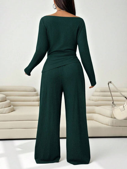 Solflare Plus Size Textured Long Sleeve Top And Loose Pants With Pockets 2 Pieces Set Fall
