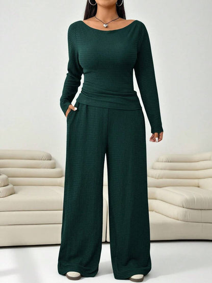 Solflare Plus Size Textured Long Sleeve Top And Loose Pants With Pockets 2 Pieces Set Fall
