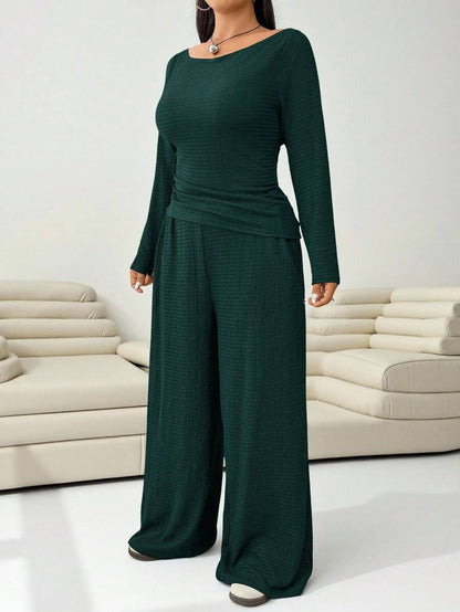 Solflare 2pcs Plus Size Textured Brown Pleated Long Sleeve Top And Pockets Pants Set Fall