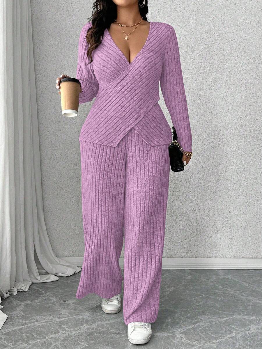 Calvaya Plus Size Soft Knit Fleece Ribbed Fabric Wrap Long Sleeve T-Shirt + Soft Fleece Ribbed Wide Leg Pants Casual Home 2 Pieces Set Fall Cloth For Women
