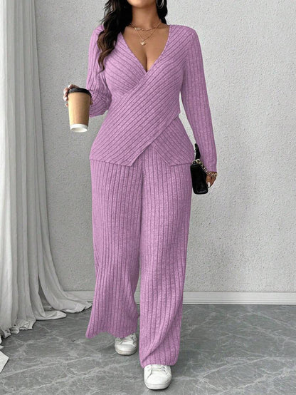 Calvaya Plus Size Soft Knit Fleece Ribbed Fabric Wrap Long Sleeve T-Shirt + Soft Fleece Ribbed Wide Leg Pants Casual Home 2 Pieces Set Fall Cloth For Women