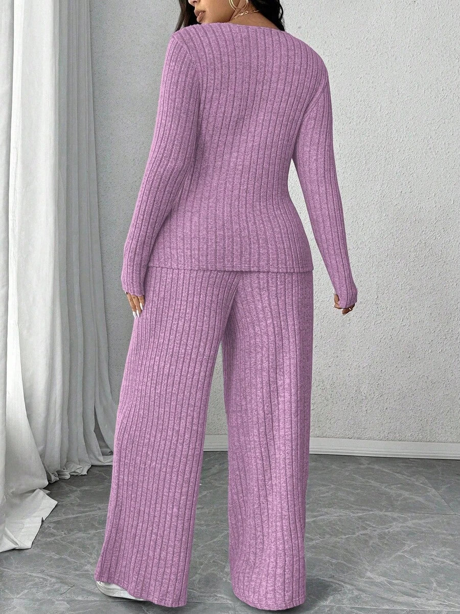 Calvaya Plus Size Soft Knit Fleece Ribbed Fabric Wrap Long Sleeve T-Shirt + Soft Fleece Ribbed Wide Leg Pants Casual Home 2 Pieces Set Fall Cloth For Women