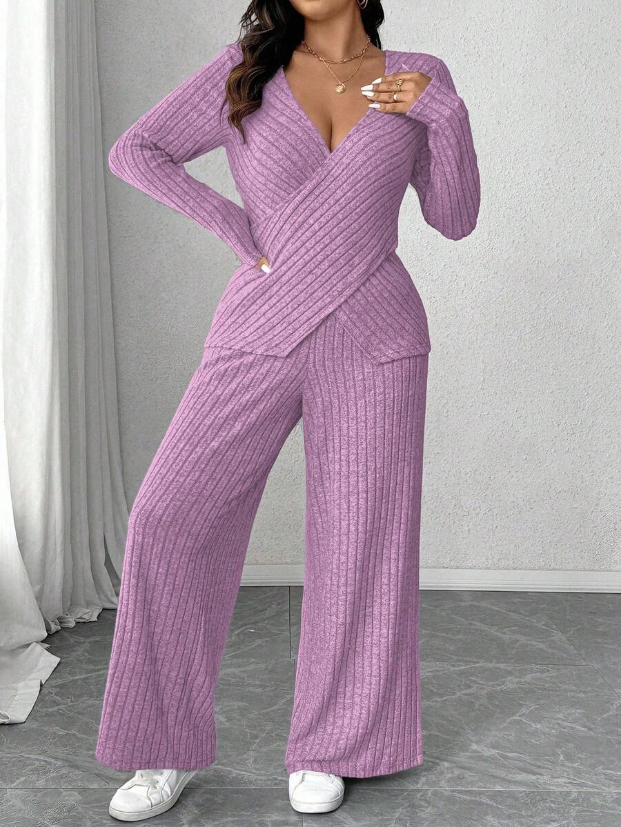 Calvaya Plus Size Soft Knit Fleece Ribbed Fabric Wrap Long Sleeve T-Shirt + Soft Fleece Ribbed Wide Leg Pants Casual Home 2 Pieces Set Fall Cloth For Women