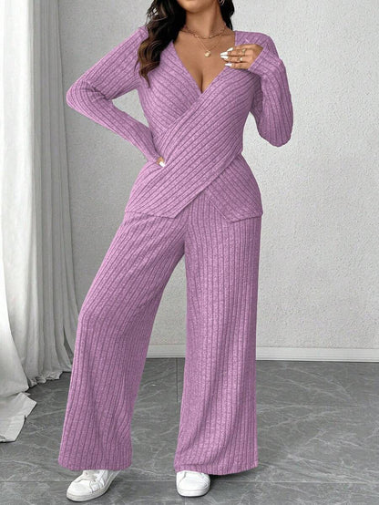 Calvaya Plus Size Soft Knit Fleece Ribbed Fabric Wrap Long Sleeve T-Shirt + Soft Fleece Ribbed Wide Leg Pants Casual Home 2 Pieces Set Fall Cloth For Women
