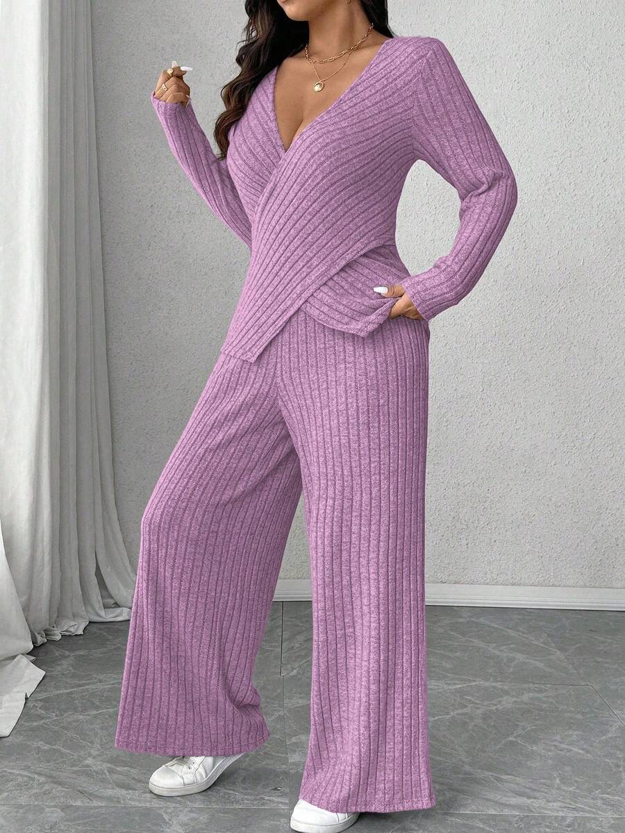 Calvaya Plus Size Soft Knit Fleece Ribbed Fabric Wrap Long Sleeve T-Shirt + Soft Fleece Ribbed Wide Leg Pants Casual Home 2 Pieces Set Fall Cloth For Women
